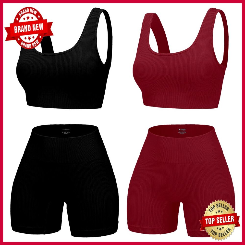 Seamless Ribbed High Waist Yoga Shorts With Sports Bra Workout Set
